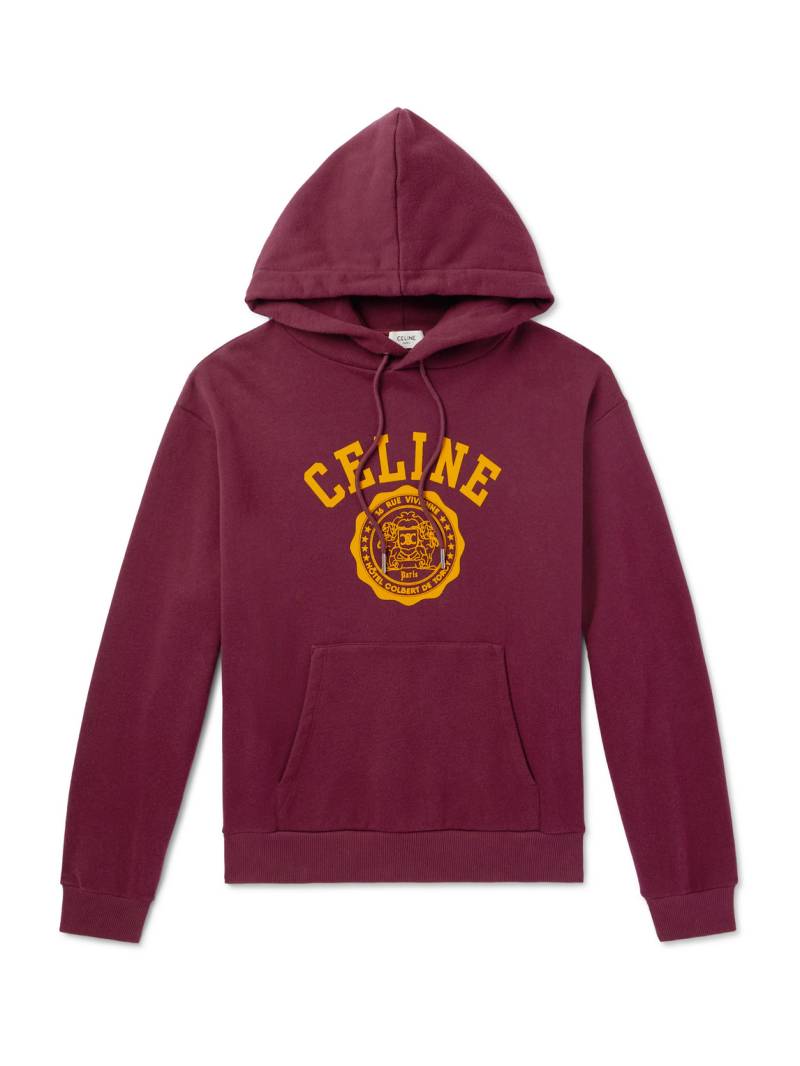 CELINE - Logo-Flocked Cotton-Jersey Hoodie - Men - Burgundy - M von CELINE