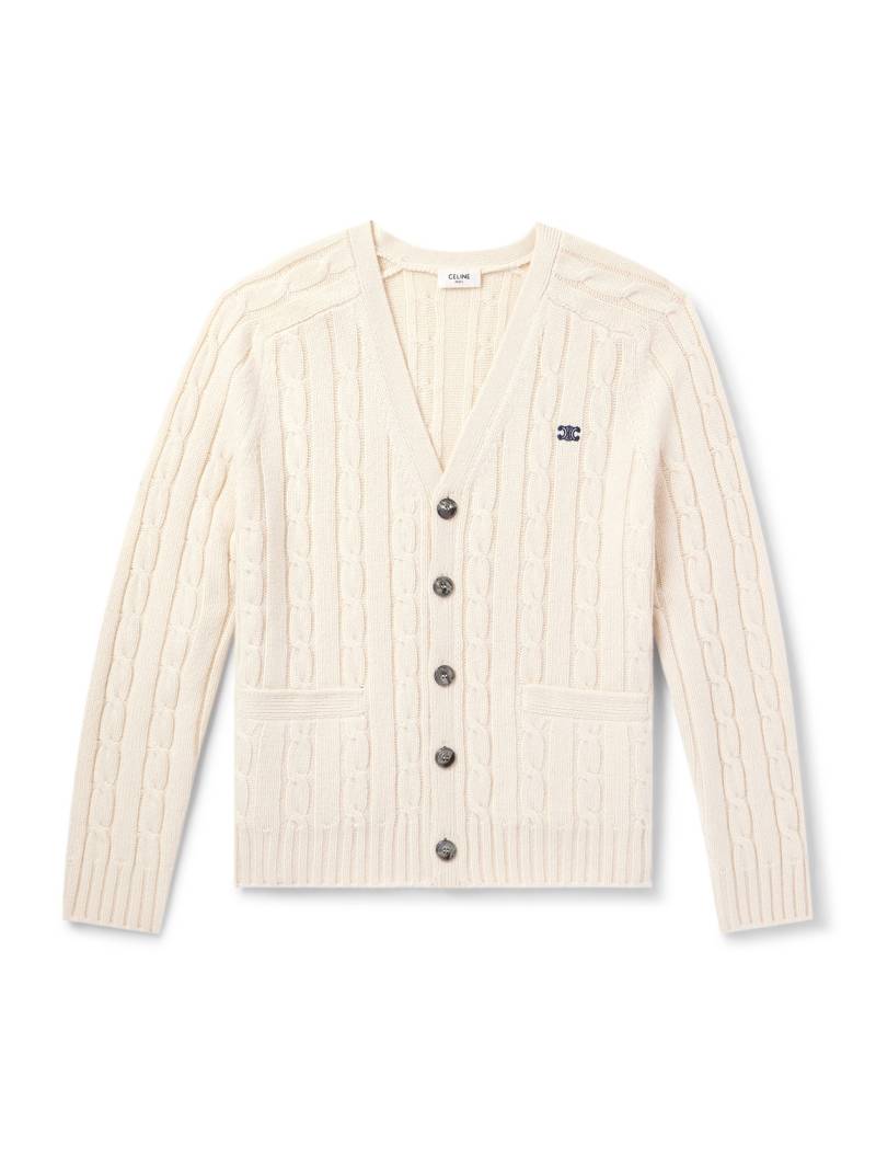 CELINE - Slim-Fit Logo-Embroidered Cable-Knit Suede-Trimmed Cashmere Cardigan - Men - Neutrals - S von CELINE