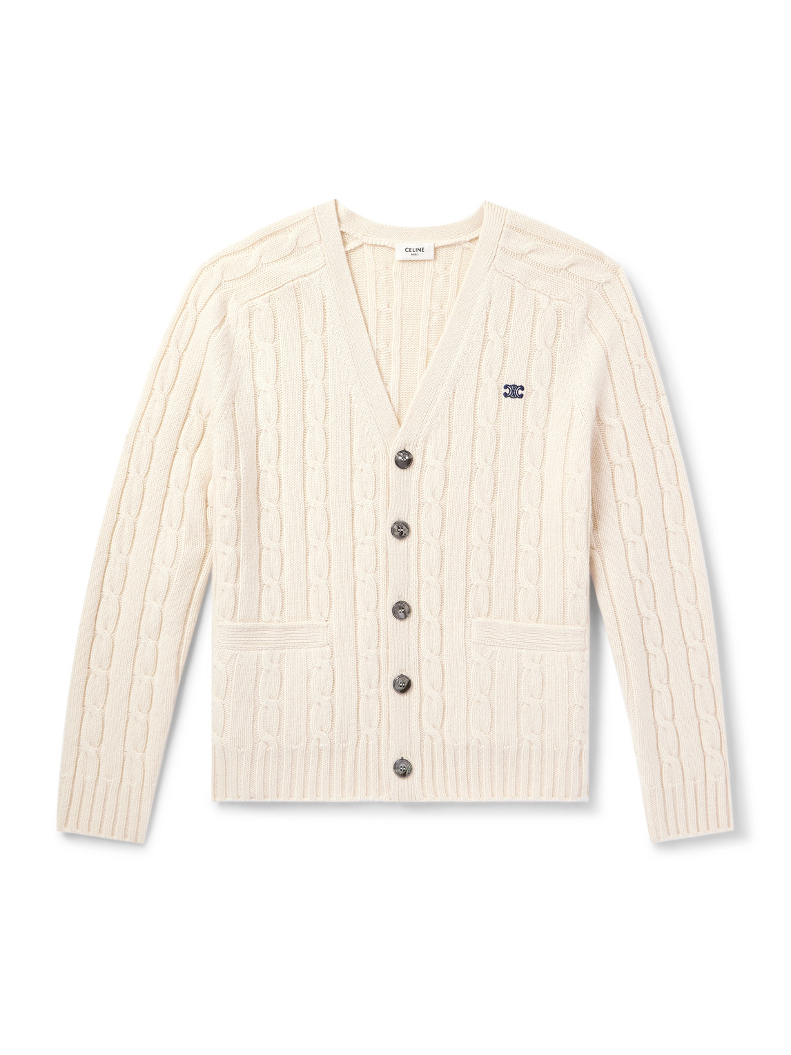 CELINE - Slim-Fit Logo-Embroidered Cable-Knit Suede-Trimmed Cashmere Cardigan - Men - Neutrals - XXL von CELINE