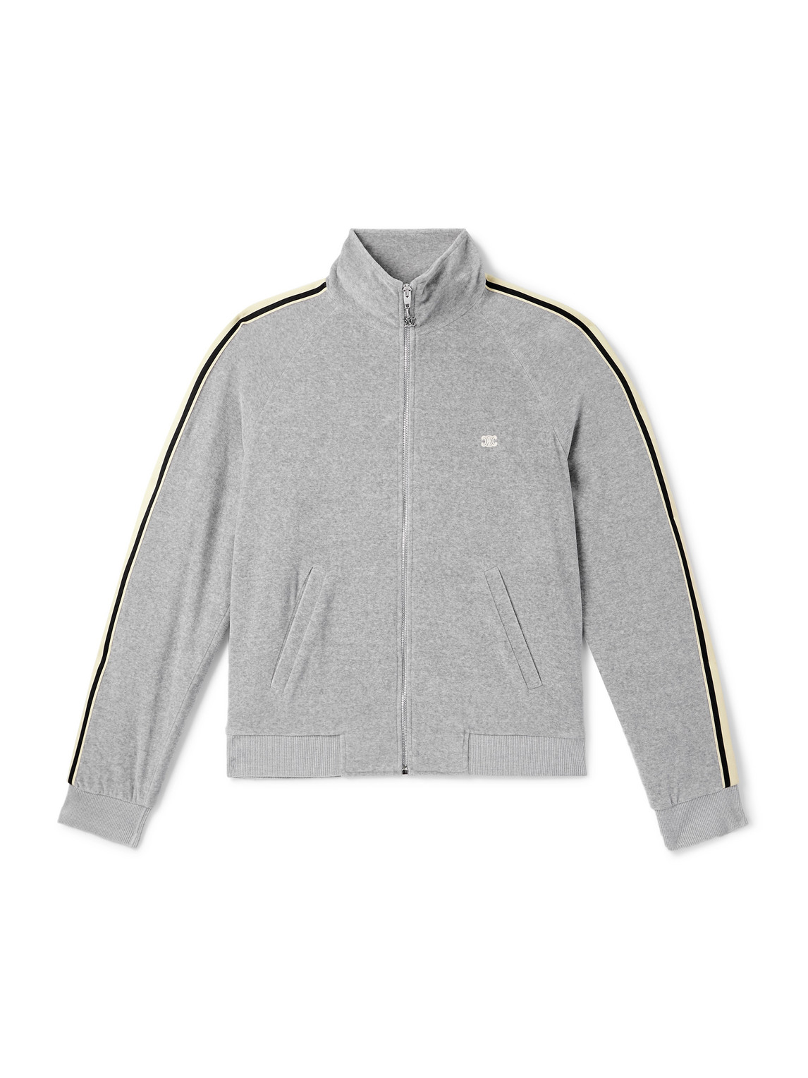 CELINE - Slim-Fit Webbing-Trimmed Logo-Embroidered Cotton-Blend Velour Track Jacket - Men - Gray - L von CELINE