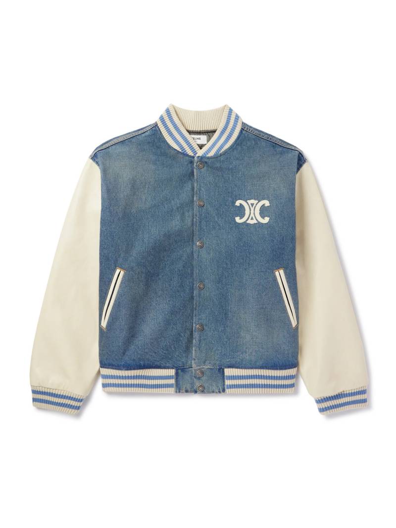 CELINE - Teddy Logo-Appliquéd Leather-Trimmed Denim Bomber Jacket - Men - Blue - S von CELINE