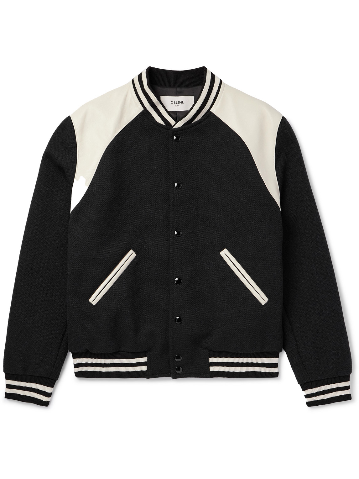 CELINE - Teddy Striped Colour-Block Leather-Trimmed Virgin Wool-Blend Varsity Jacket - Men - Black - IT 52 CELINE - Teddy Striped Colour-Block Leather-Trimmed Virgin Wool-Blend Varsity Jacket - Men - Black - IT 52 von CELINE