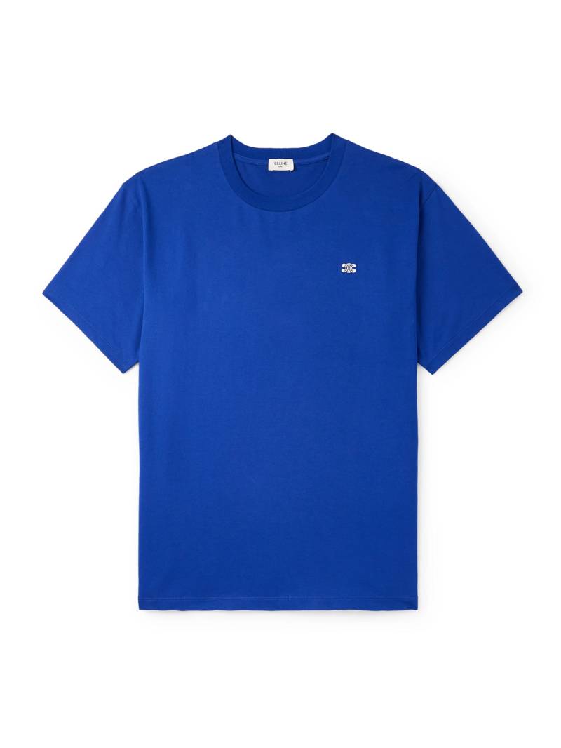 CELINE - Triomphe Logo-Embroidered Cotton-Jersey T-Shirt - Men - Blue - XS von CELINE
