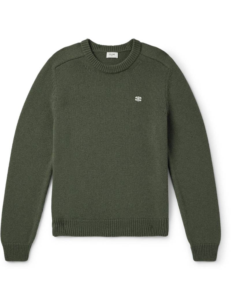 CELINE - Triomphe Slim-Fit Logo-Embroidered Wool and Cashmere-Blend Sweater - Men - Green - M von CELINE