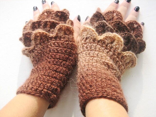 Niedliche Fingerlose Handschuhe Gehäkelte Armstulpen Braun Accessoire, Herbst Fingerlose Drachenschuppenhandschuhe von CELINICRAFTS