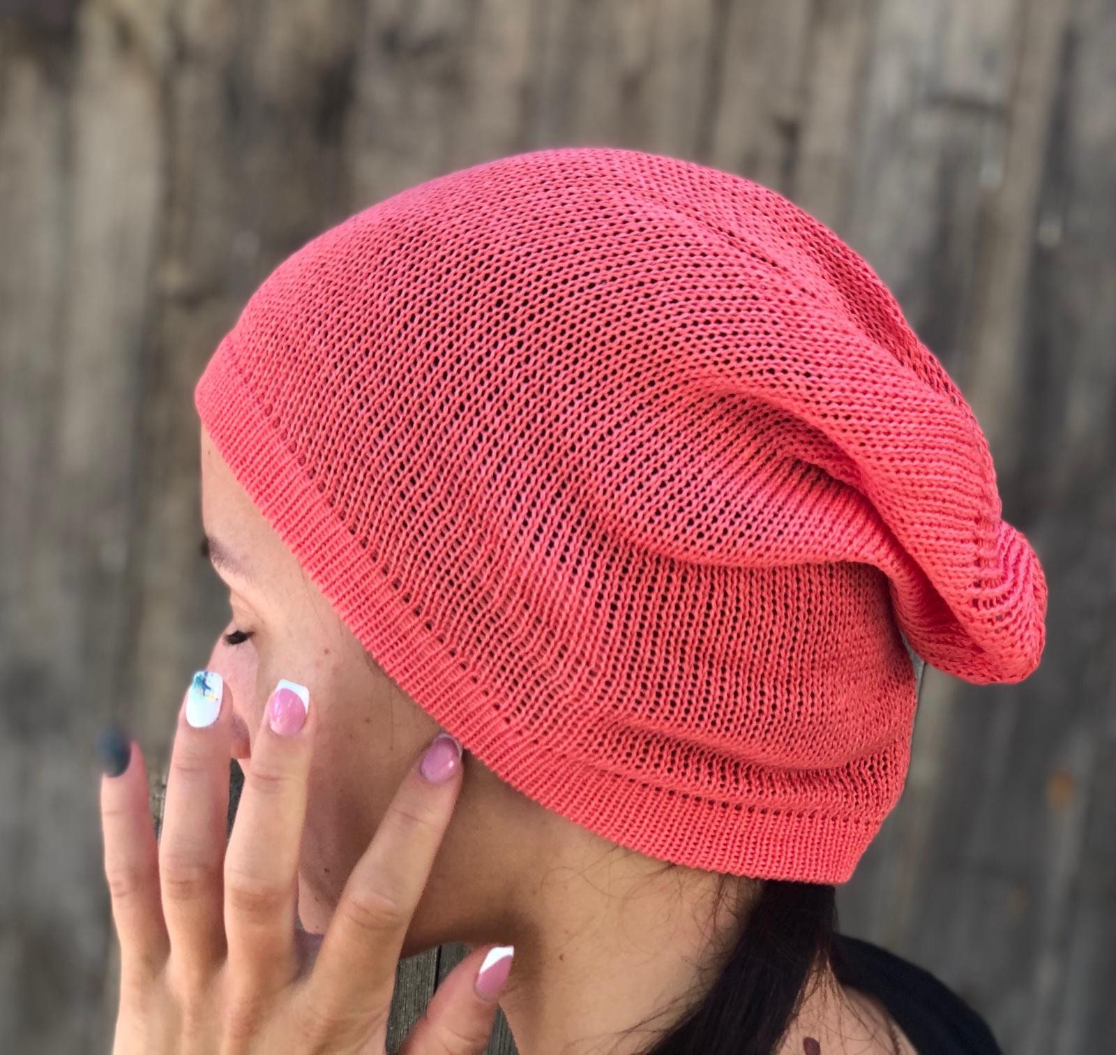 strickmütze Damen, Sommermütze, Korallefarbene Leinen Beanie, Sonnenhut von CELINICRAFTS