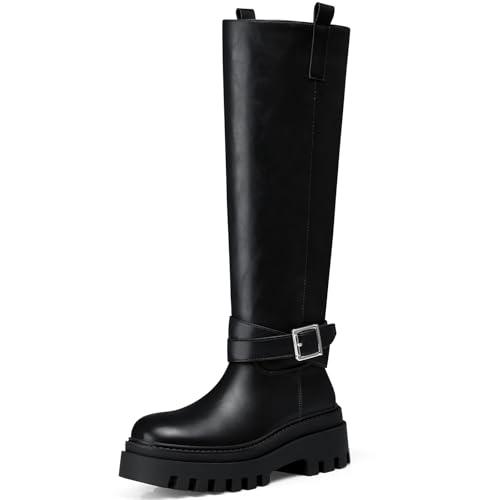 CELLENZ Kniehohe Damenstiefel: 6,6 cm Plateau-Stiefel mit runder Zehenpartie – bequeme, hohe lange Stiefel, modischer, trendiger klobiger Stiefel für Arbeit, Ausgehen, Reisen, Schwarz, 41 EU von CELLENZ