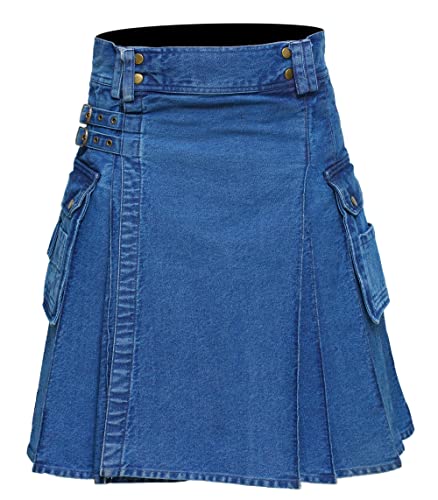 CELTIC PRO Herren Deluxe Utility Denim Kilt – Moderner Utility-Kilt für Männer, authentischer Jeanskilt mit taktischem Stil, Blau, 42 Inch Belly Button von CELTIC PRO