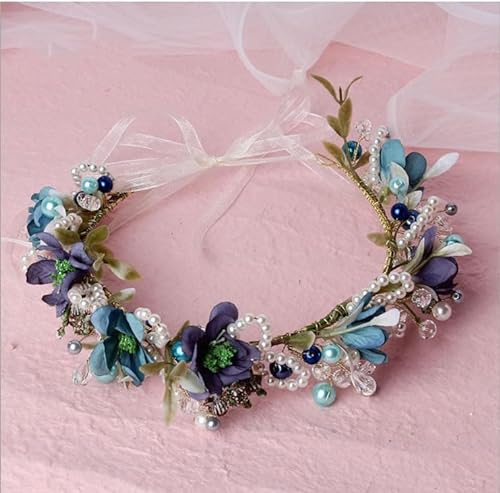 Perle Kristall handgemachte verstellbare Blumenkrone Stirnband Haarschmuck für Hochzeit Kranz Mädchen Frauen Kopfschmuck DIA 18CM von CEMELI