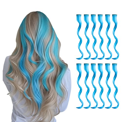12 Stück 50 cm Eisblaue Clip-In Haarverlängerungen | Lange Glatte Synthetische Haare für Zöpfe | Festival Haaraccessoires für Frauen und Mädchen (Eisblau) von CENCERY