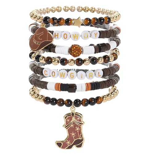 7-teiliges stapelbares Armband-Set, verstellbare Western Heishi Stretch-Armbänder mit Cowgirl-Hut & Boots-Anhängern, Y2K Boho Sommer Strand-Schmuck Geschenke für Damen, Teenager & Mädchen (Braun) von CENCERY