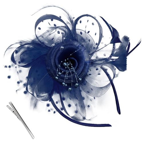 CENCERY Marineblauer Fascinator für Damen, wahlweise mit Clip oder Haarreif tragbar, mit Seidenblumen, Pferderennhut, Haarschmuck für Hochzeiten, Brautmutter, Cocktailpartys. von CENCERY