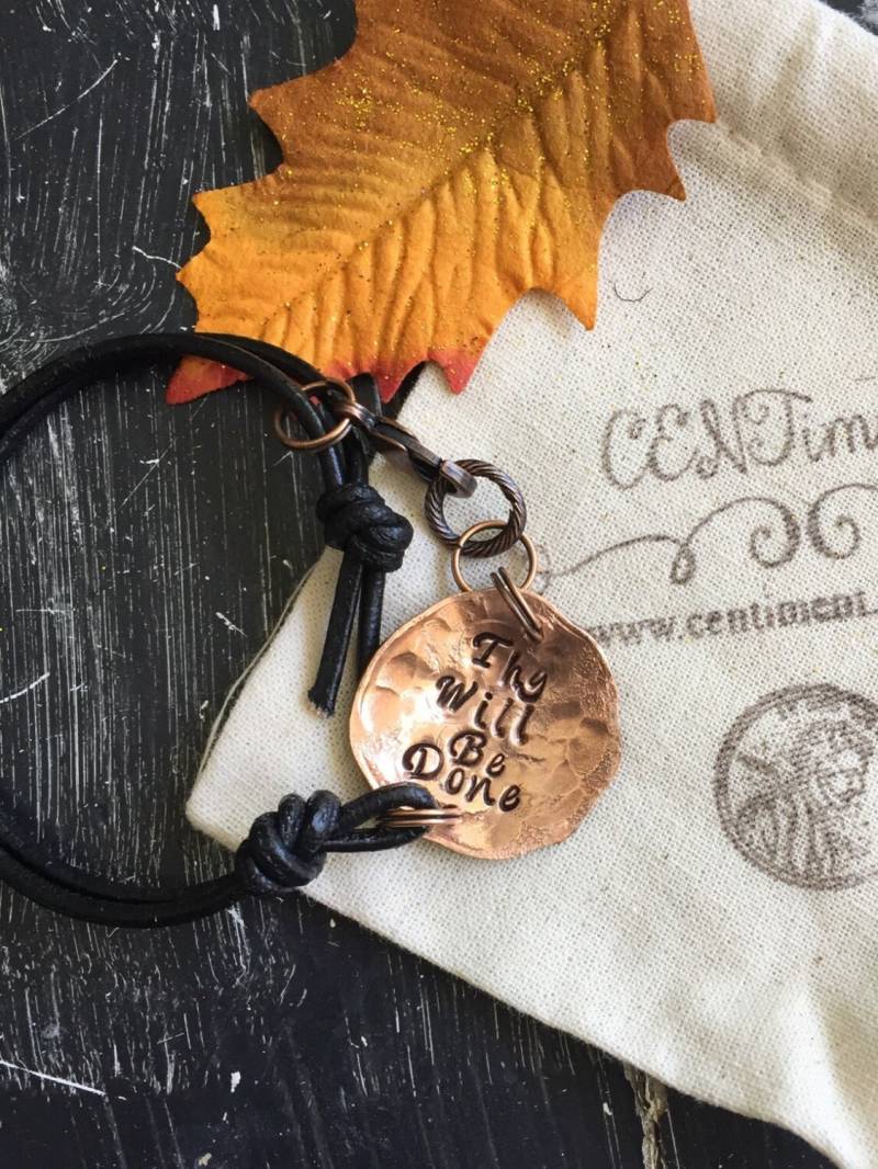 Lords Gebet "Dein Wille Geschehe" Kupfer Armband Hand Gehämmert Penny Leder Religiöses Zitat von CENTiment