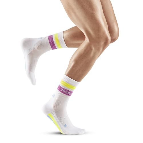CEP - Herren Sport Socken mit Kompression MID CUT 80's Miami Vibes | Mittelhohe Kompressionsstrümpfe im Retro-Look | Kurze Compression Socks weiß/lila & neon gelb | Gr. V | XL von CEP