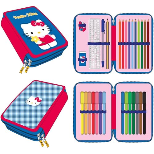 CERDÁ LIFE'S LITTLE MOMENTS Federmäppchen mit Hello Kitty Zubehör, mit Bleistiften, Filzstiften und Kugelschreibern, Dreifach-Schulmäppchen für Kinder, mit Sanri-Design von CERDÁ LIFE'S LITTLE MOMENTS