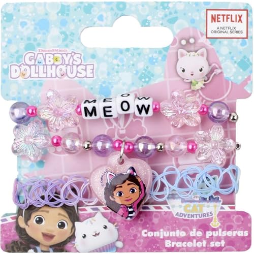 Gabby's Dollhouse Armband-Set mit Blumenperlen und Charm "MEOW" auf Pastellbasis, offizieller Schmuck für Mädchen ab 3 Jahren, sehr geeignet für Themengeschenk und fantasievolles Spielen von CERDÁ LIFE'S LITTLE MOMENTS
