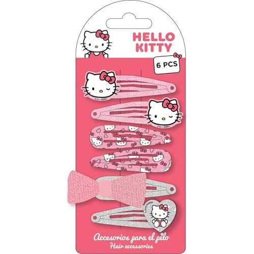 Hello Kitty Haarspangen für Mädchen, 6-teiliges Set aus rosafarbenen Metallglitter, dekorativer Dutt und originellen Designs von Sanrio von CERDÁ LIFE'S LITTLE MOMENTS