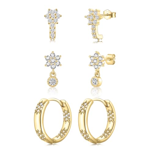 CERSLIMO 3 Paar Blume Ohrringe Stecker Set Goldener funkelnde Zirkonia Ohrstecker 14mm Creolen 15mm Vergoldet von CERSLIMO