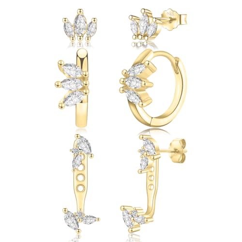 CERSLIMO 3 Paar Marquise Schliff Zirkonia Ohrringe Stecker Set‌ Goldener funkelnde Ohrstecker 18mm Creolen 10mm Vergoldet von CERSLIMO