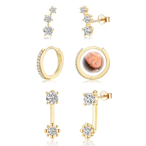 CERSLIMO 3 Paar Ohrringe Gold Set für Mehrere Ohrlöcher, Ohrringe Stecker Silber 925 AAA Zirkonia Vergoldet Ohrstecker Set für Frauen Damen Mädchen von CERSLIMO
