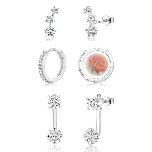 CERSLIMO 3 Paar Ohrringe Set für Mehrere Ohrlöcher, Ohrringe Stecker Silber 925 AAA Zirkonia Ohrstecker Set für Frauen Damen Mädchen von CERSLIMO