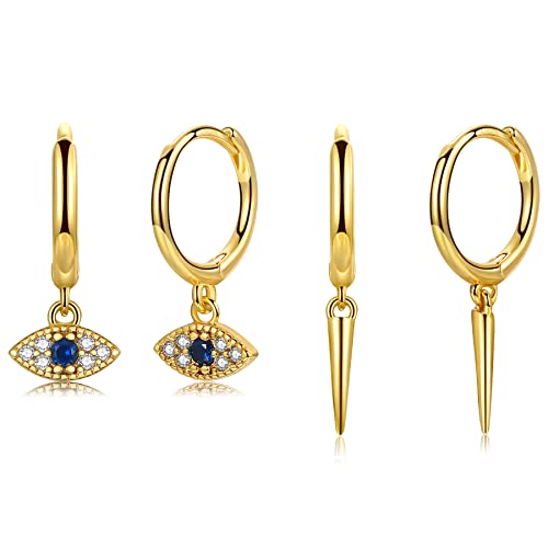 CERSLIMO Creolen Gold mit Klein Anhänger Kegel Augen Zirkonia Saphir Anhänger 2 Paar Ohrringe Vergoldet Huggies Set für Damen Frauen Mädchen von CERSLIMO