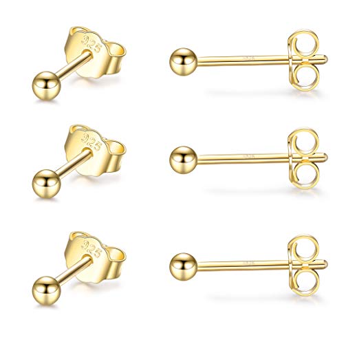 CERSLIMO 3 Paar 2mm 14K Gold Ohrstecker für Damen, 925 Sterlingsilber Klein Roségold 14k Gold Ball Ohrringe Stecker Set für Mädchen Männer Unisex Schlafen Knorpel Schmuck Geschenk von CERSLIMO