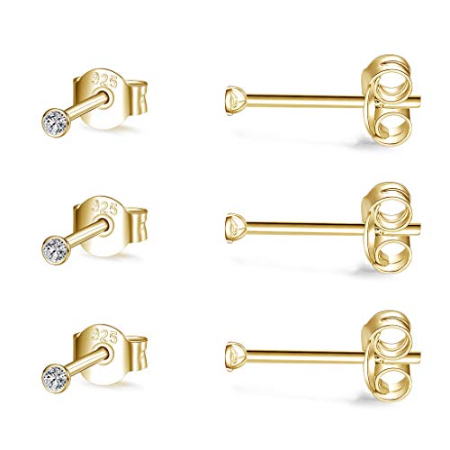 CERSLIMO 3 Paar 2mm Klein Ohrstecker Zirkonia Silber 14K Gold Ohrringe Set für Damen Herren Geschenk von CERSLIMO