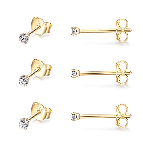 CERSLIMO 3 Paar 2mm Klein Ohrstecker für Damen Herren Mädchen 925 Silber 14K Gold Zirkonia Ohrringe Schmuck Geschenk von CERSLIMO