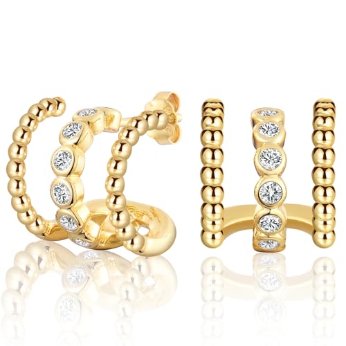 CERSLIMO Goldene Ohrringe Damen Gold Stecker 12mm Silber 925 Vergoldet Kreolen Dicke Zirkonia Bead Perlen Chunky Klobig von CERSLIMO