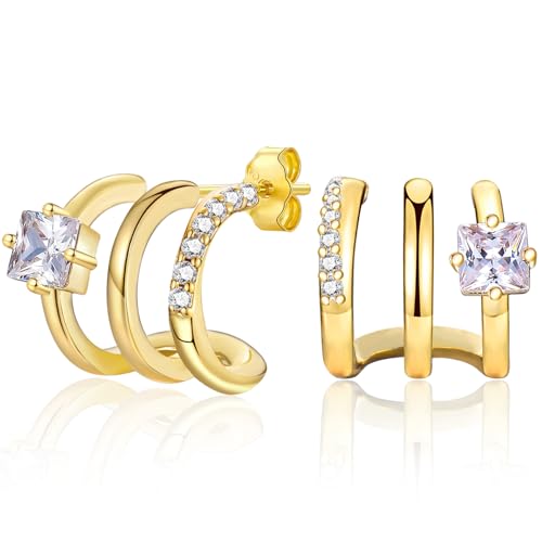 CERSLIMO Goldene Ohrringe Damen Gold Stecker Silber 925 Vergoldet Kreolen Dicke Quadratische Zirkonia 12mm Chunky Klobig Schmuck Geschenke von CERSLIMO
