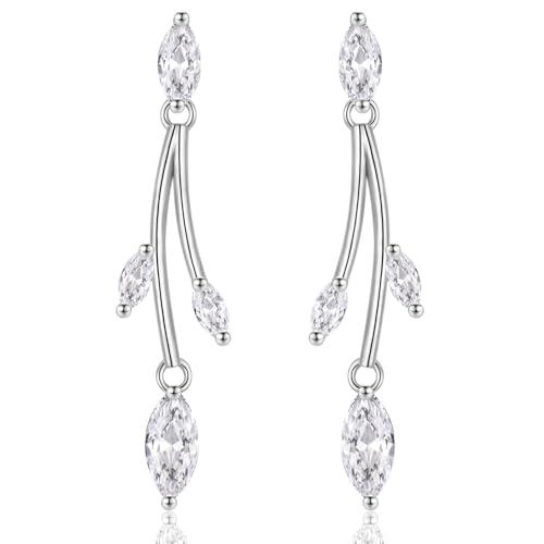 CERSLIMO Hochzeit Ohrringe Silberfarben mit 5A Zirkonia Lange Ohrstecker 45mm Weiß Vergoldet für Braut mit Geschenkbox Geschenke Frauen Damen Verlobungsfeier Party von CERSLIMO