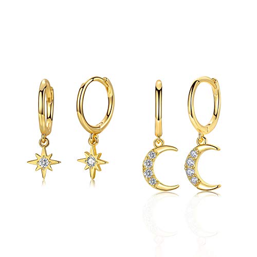 CERSLIMO Huggie Creolen Gold Damen mit Klein Zirkonia Anhänger Mond & Sterne Anhänger für Frauen Mädchen, Ohrhänger Gold Vergoldet Creolen Set von CERSLIMO