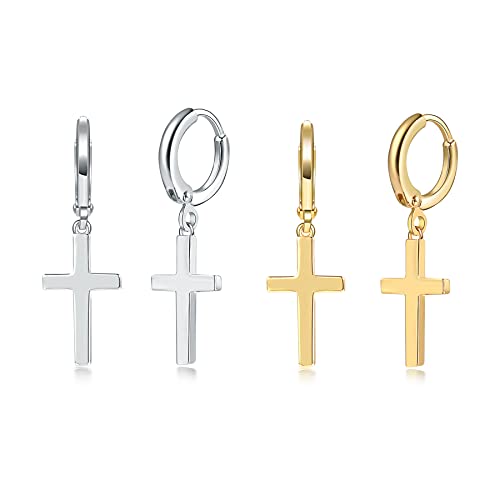 CERSLIMO Kreuz Creolen Silber 925 Gold, Klein Kreuz Ohrringe mit Kreuz Anhänger Set Ohrstecker Herren Damen von CERSLIMO