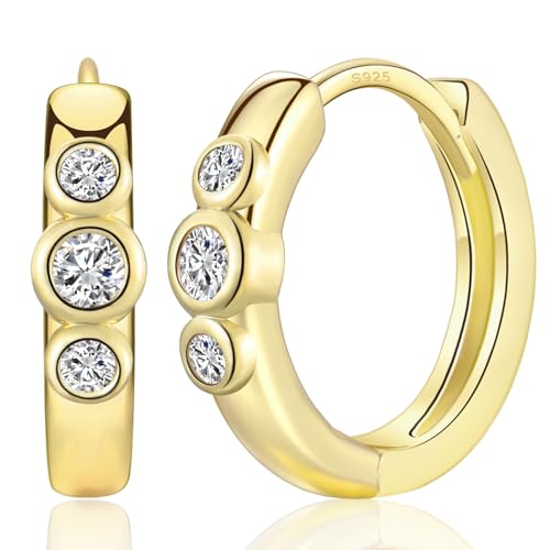 CERSLIMO Ohrringe Gold Creolen 3 runde AAA Zirkonia 9mm Silber 925 Vergoldet Silberohrringe Klein Schmuck für Damen Herren von CERSLIMO