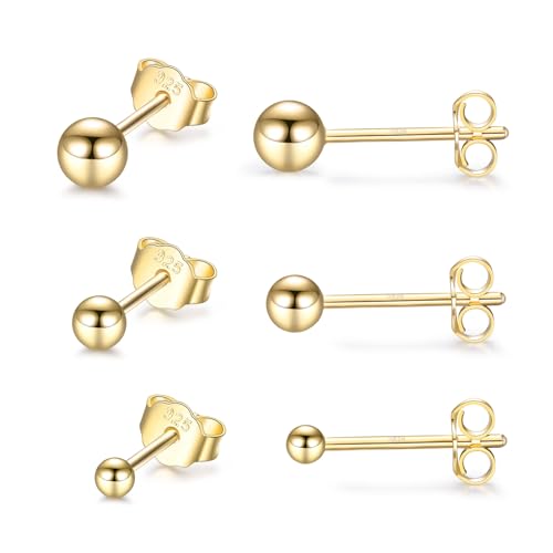 CERSLIMO Ohrstecker Gold Set, Ohrringe Sterling Silber Stecker Ball Runde Vergoldet 2mm 3mm 4mm Klein Geschenke für Damen Frauen Herren Mädchen von CERSLIMO