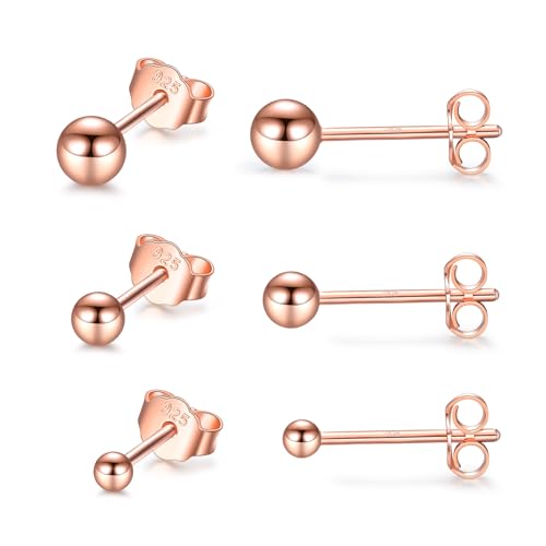 CERSLIMO Ohrstecker Rosegold Set, Ohrringe Sterling Silber Stecker Ball Runde Rose Vergoldet 2mm 3mm 4mm Klein Geschenke für Damen Frauen Herren Mädchen von CERSLIMO