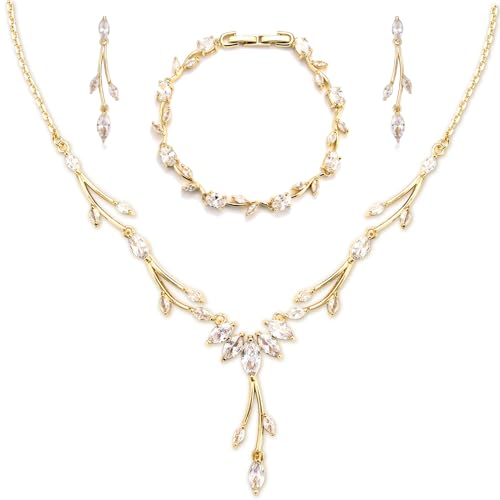 CERSLIMO Schmuckset Gold, Hochzeit Brautschmuck Set 5A Zirkonia Kette Armband Ohrringe Vergoldet Schmuck Set für Braut mit Geschenkbox Geschenke Frauen Damen von CERSLIMO