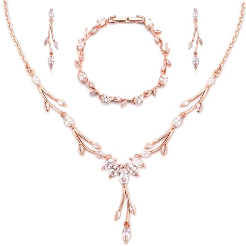 CERSLIMO Schmuckset Rosegold, Hochzeit Brautschmuck Set 5A Zirkonia Kette Armband Ohrringe Rose Vergoldet Schmuck Set für Braut mit Geschenkbox Geschenke Frauen Damen von CERSLIMO