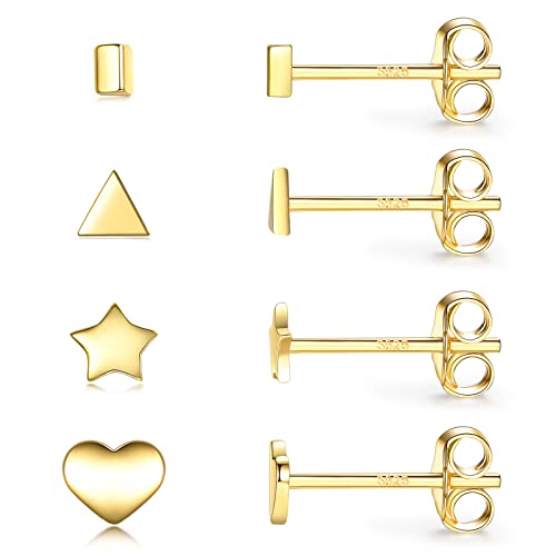 Damen Ohrringe Gold, 4 Paar Klein Stern Herz Dreieck Rechteck Ohrstecker Sterling Silber 925 Vergoldet Set für Damen Mädchen Frauen Schmuck Geschenke von CERSLIMO