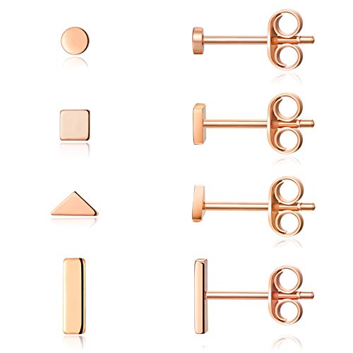 Damen Ohrringe Silber 925, 4 Paar Klein Ohrstecker Set für Damen Herren, Kreis Quadrat Dreieck Stab Ohrringe Gold Silber 925 Set Schmuck Geschenk (Rosegold) von CERSLIMO