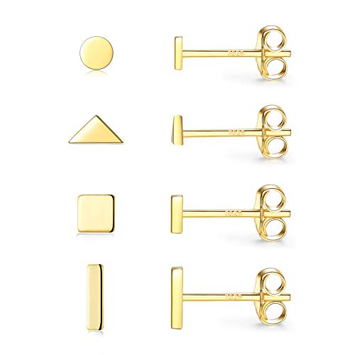 Damen Ohrringe Silber 925, 4 Paar Klein Ohrstecker Set für Damen Herren | Kreis Quadrat Dreieck Stab Ohrstecker 14K Gold Set Schmuck Geschenk von CERSLIMO