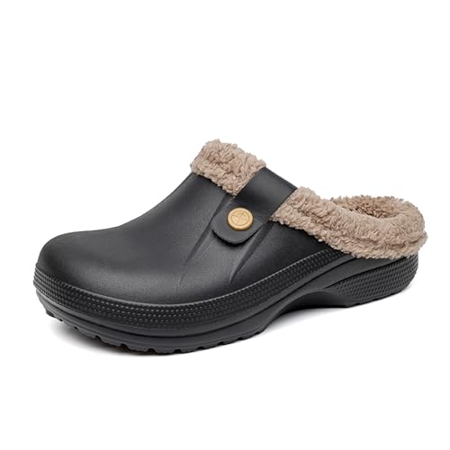 CERYTHRINA Clogs Gefüttert Damen Herren – Warme Winter Hausschuhe mit Fell – wasserdichte Gartenclogs Memory-Schaum Pantoletten – Plüsch Lined Clogs rutschfest Indoor Outdoor Black Grey 40/41 von CERYTHRINA