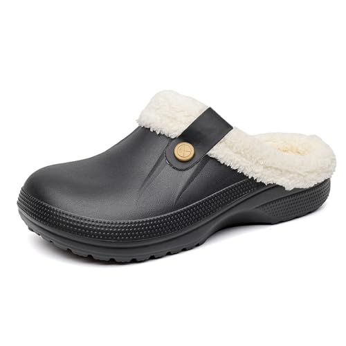 CERYTHRINA Clogs Gefüttert Damen Herren – Warme Winter Hausschuhe mit Fell – wasserdichte Gartenclogs Memory-Schaum Pantoletten – Plüsch Lined Clogs rutschfest Indoor Outdoor Black White 39/40 von CERYTHRINA
