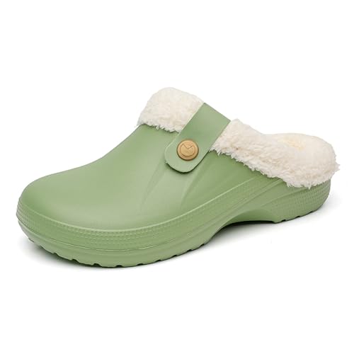 CERYTHRINA Clogs Gefüttert Damen Herren – Warme Winter Hausschuhe mit Fell – wasserdichte Gartenclogs Memory-Schaum Pantoletten – Plüsch Lined Clogs rutschfest Indoor Outdoor Green White 39/40 von CERYTHRINA