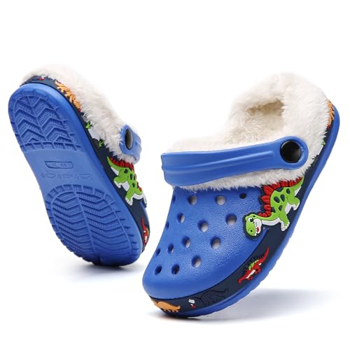 CERYTHRINA Clogs Kinder Winter Warme Gefüttert Pantoletten Jungen Mädchen Plüsch Pantoffeln Weichem rutschfeste Gartenschuhe Blau 27 von CERYTHRINA