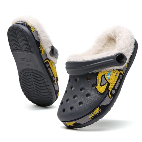 CERYTHRINA Clogs Kinder Winter Warme Gefüttert Pantoletten Jungen Mädchen Plüsch Pantoffeln Weichem rutschfeste Gartenschuhe Grau 26 von CERYTHRINA