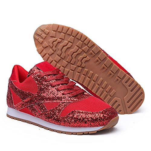 CERYTHRINA Damen Pailletten Sneakers Mädchen Mode Atmungsaktives Leichtgewicht Turnschuhe Glänzende Schnüren Sportschuhe Outdoor Laufschuhe Glitzer Walkingschuhe Tennisschuhe Rot 38 von CERYTHRINA