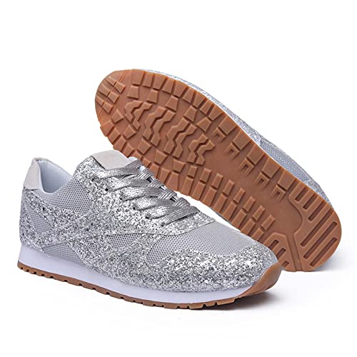 CERYTHRINA Damen Pailletten Sneakers Mädchen Mode Atmungsaktives Leichtgewicht Turnschuhe Glänzende Schnüren Sportschuhe Outdoor Laufschuhe Glitzer Walkingschuhe Tennisschuhe Silber 38 von CERYTHRINA