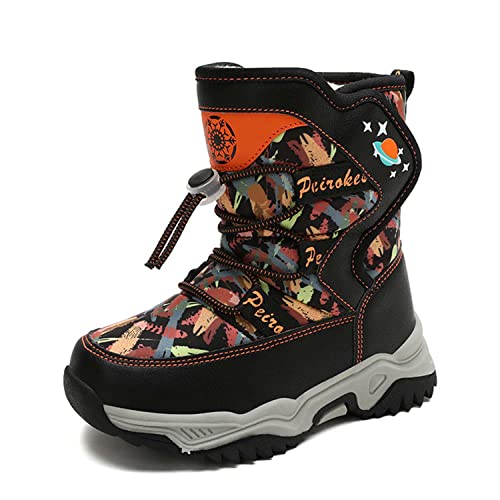 CERYTHRINA Jungen Schneestiefel Warm Gefütterte Klettverschluss Outdoor Stiefel Wasserdicht rutschfest Anti-Kollision Wadenhöhe Bootie Winter Kinderschuhe Schwarzer 33 von CERYTHRINA